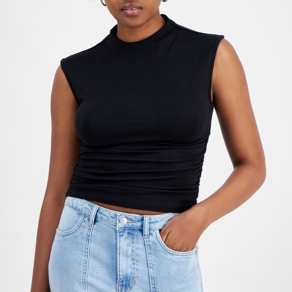 Black Sleeveless Ruched Funnel Neck Women's Top - Picture 2 of 3